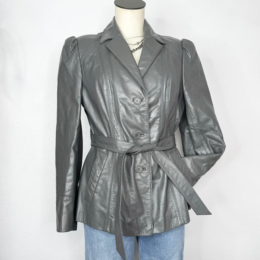 Vintage 90s Silver Gray Leather Belted Jacket Longline Size 12